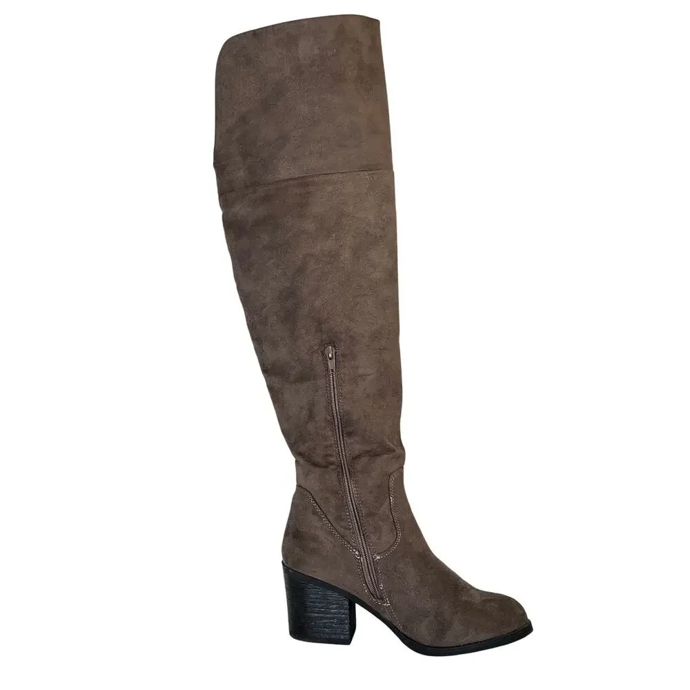 Brown Faux Suede Over the Knee Boots Kohl's Size 8 Inside Zip Fold Down‎